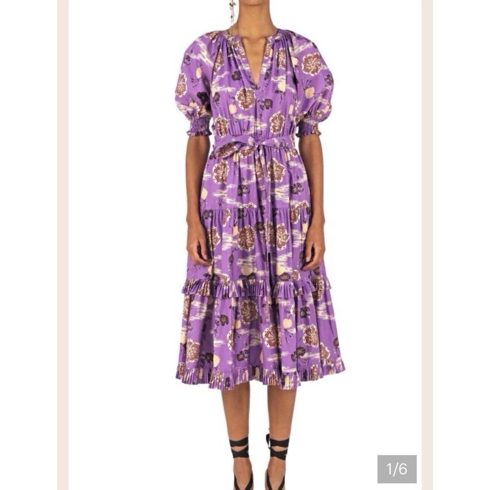 Ulla Johnson Dasha Zinnia Purple Midi Belted Dress Coquette Boho Whimsy Size 12